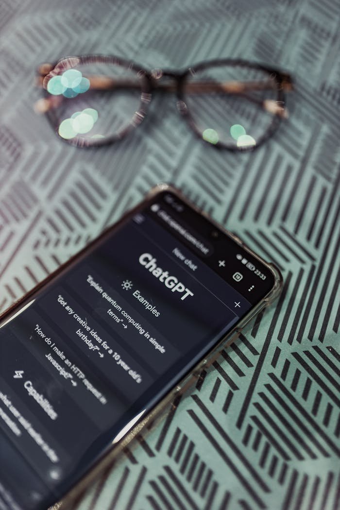 Smartphone with ChatGPT app interface next to eyeglasses on patterned surface.